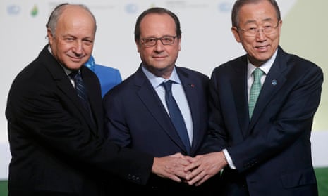 President François Hollande of France, centre, and his foreign affairs minister Laurent Fabius, left, welcome United Nations secretary general Ban Ki-moon as he arrives for COP21, near Paris.