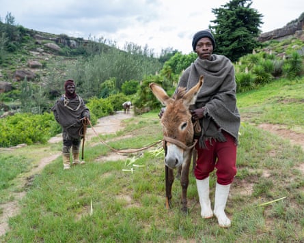 Two herders wearing woollen hats and blankets with their donkeys on a hill path