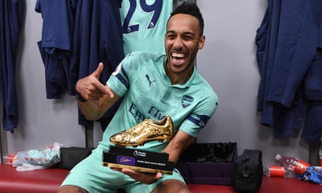 Arsenal’s Pierre-Emerick Aubameyang with his Golden Boot, shared with Mohamed Salah and Sadio Mané.