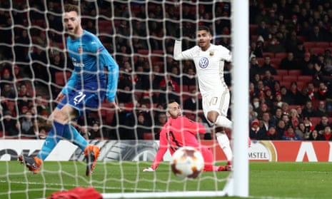 Hosam Aiesh scores the opening goal as Arsenal suffer an embarrassing second-leg defeat. 