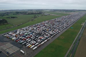 Lorries are parked on the runway at Manston airport near Ramsgate, England