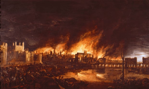 The Great Fire of London depicted in a painting from the Dutch school. 
