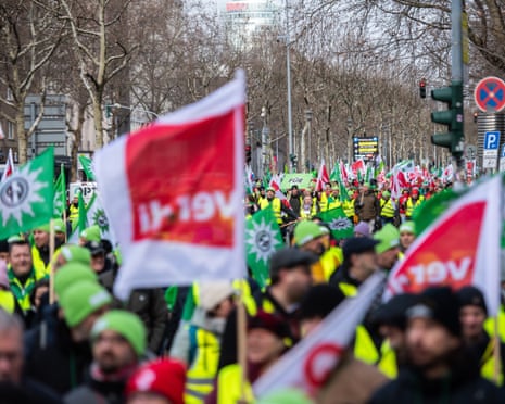 Striking workers from various public service sectors gather for a protest organised by the trade union verdi, the education and science union GEW and other unions in Dusseldorf, Germany.