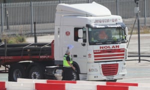 A lorry entering a Department of Agricultural, Environment and Rural Affairs facility near Belfast Harbour yesterday.