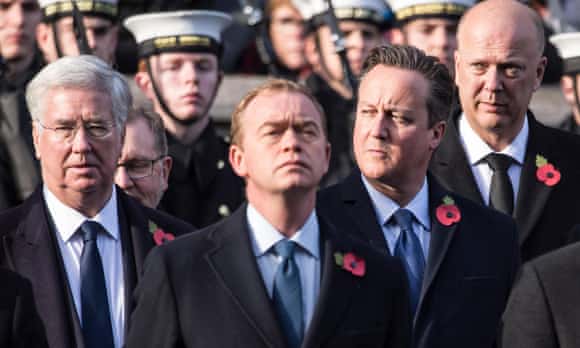Tim Farron attends a service at the cenotaph for Remembrance Sunday, with Michael Fallon, David Cameron and Chris Grayling