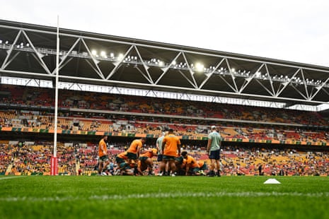 Wallabies players warm up ahead of The Rugby Championship match between Australia and South Africa at Suncorp Stadium.