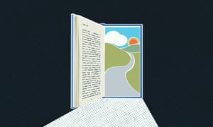 An illustration of a book as doorway to bright landscape. (Guardian design/Getty)