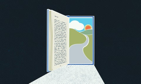 illustration: an open book forming a doorway leading to sunny landscape