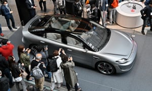 Spectators take photo Sony electric concept car Vision-S at an event in Tokyo, Japan on March 28, 2021.