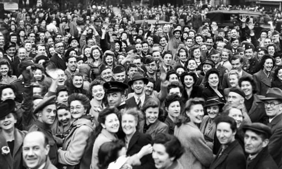 Crowds celebrate VE Day in Piccadilly Circus, London.