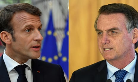 COMBO-BRAZIL-FRANCE-BOLSONARO-MACRON-FIRE-AMAZON<br>(COMBO) This combination of pictures created on August 27, 2019 shows France’s President Emmanuel Macron (L) speaking to the press in Brussels on June 30, 2019, and Brazilian President Jair Bolsonaro (R) speaking to the press in Brasilia on January 16, 2019. - Brazil’s President Jair Bolsonaro said on August 27, 2019 he was open to discussing G7 aid for fighting fires in the Amazon if his French counterpart Emmanuel Macron “withdraws insults” made against him. Bolsonaro’s remarks come amid an escalating war of words with Macron over the worst fires in years that have sparked a global outcry and threatened to torpedo a huge trade deal between the European Union and South American countries. (Photos by JOHN THYS and EVARISTO SA / AFP)JOHN THYS,EVARISTO SA/AFP/Getty Images