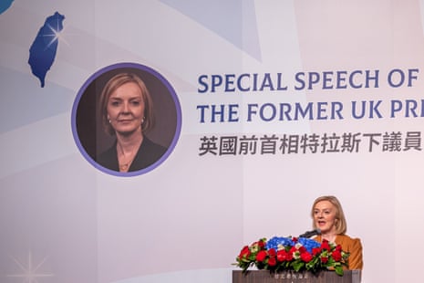 Liz Truss delivering her speech in Taipei, Taiwan, earlier today.