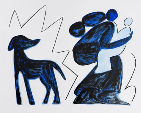 Illustration of a woman holding a baby, turning her back on a dog