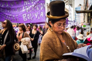 A cholita reads a book next to a newsstand during the march for International Women’s Day in La Paz. Even if in the last decade women, and especially indigenous women, have made enormous progresses in Bolivia, they are still very far from being equal to their male counterparts. Issues like domestic violence and access to education are still major problems that need to be faced by the Government and society in general