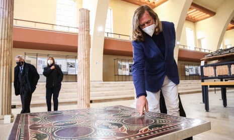 Architect Dario del Bufalo attends the exhibition of the Caligula Mosaic at the Museo delle Navi Romane in Nemi, Italy.
