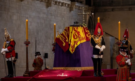 Queen Elizabeth II's coffin lying in state in Westminster Hall