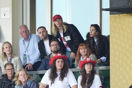 England footballer Chloe Kelly (centre right) and hubby Scott Moore watch England v Samoa astatine nan Women’s Rugby World Cup.