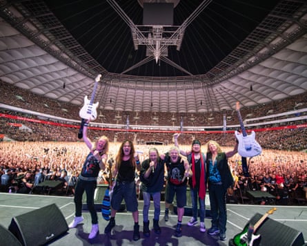 Iron Maiden on stage at the PGE stadium in Warsaw, Poland.