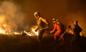Firefighters tackle a forest fire near the Basque town of Berango, northern Spain