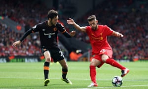 Adam Lallana back of Ryan Mason City 5-1 to Liverpool at Anfield.