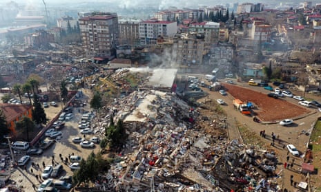 An aerial view of collapsed buildings after earthquakes hit Kahramanmaraş, Turkey
