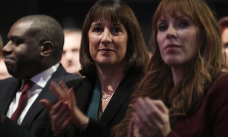 Angela Rayner, right, deputy Labor Party leader, and Shadow Chancellor of the Exchequer Rachel Reeves applaud as Keir Starmer, the leader of Britain's Labour Party makes his speech at the party's annual conference in Liverpool, England.