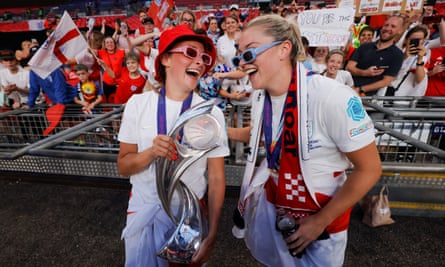 Ella Toone and her best friend, Alessia Russo, celebrate England win over Germany in the final of last year's Euros