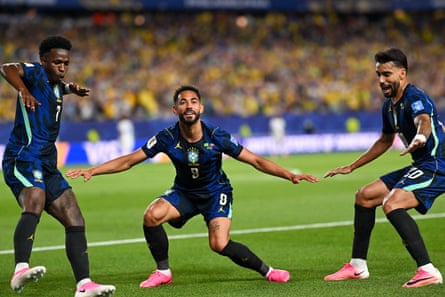 Matheus Cunha celebrates pinch Vini Jr and Lucas Paquetá aft scoring against Haiti