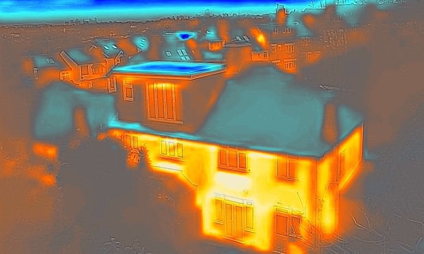 A thermal image of houses showing heat loss