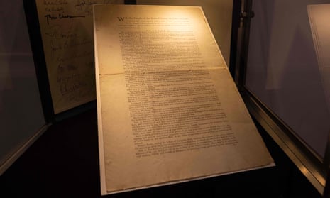 The first printing of the United States Constitution is displayed during an auction at Sotheby's auction hous