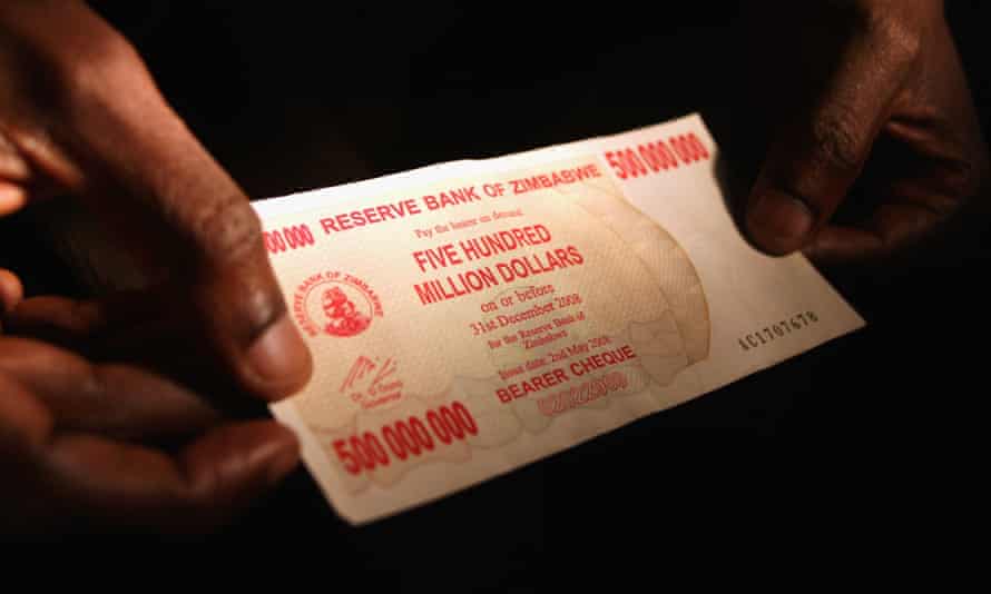 A 500 million dollar Zimbabwaen bank note in 2008.
