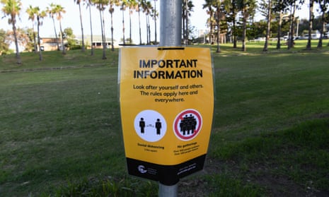 A social distancing sign at Freshwater beach in Sydney