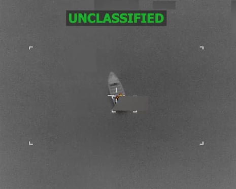 A screenshot from a video shows an alleged narco-trafficking vessel in the Pacific Ocean on 27 October 2026.
