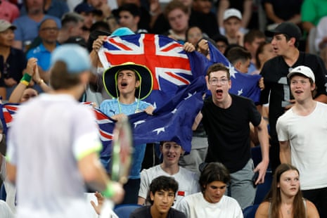 Fans show their support during the round one singles match between Alex de Minaur of Australia and Yu Hsiou Hsu of Taiwan.