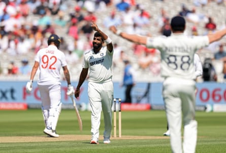 Jasprit Bumrah of India celebrates after picking up his fifth England wicket