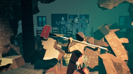 The protagonist wields a sledgehammer before a pile of rubble behind which robots stand with their hands in the air.