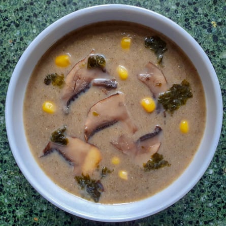 Raj’s mushroom soup with toasted seaweed and miso.