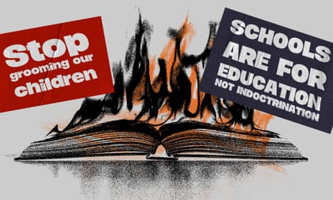 illustration of a book on fire with slogans saying 'stop grooming our children' and 'schools are for education'