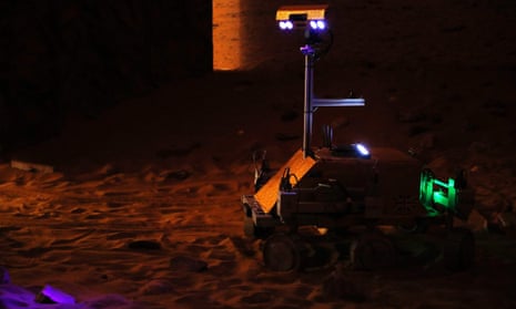 Working in the dark. A prototype Mars rover in a simulated Mars cave is controlled by British astronaut Major Tim Peake at the Airbus Defence and Space company in Stevenage. 