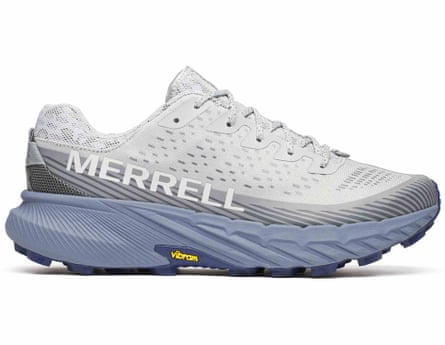 A men’s Agility Peak 5 trail shoe by Merrell. It is white with small air holes, dark grey at the bottom of the shoe with the MERRELL brand. The sole is light blue.