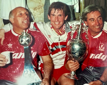 Kenny Dalglish with Ronnie Moran and Roy Evans after winning the League championship in 1990.