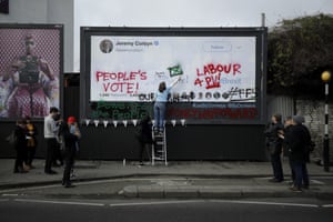 Young members of the Labour party write on a billboard why they want party leader Jeremy Corbyn to back a people’s vote second referendum on Britain’s EU membership, in Islington North, London, Corbyn’s constituency.