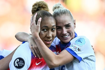 Lauren James celebrates with teammate Alex Greenwood after scoring the third goal of the match during England’s game with the Netherlands.