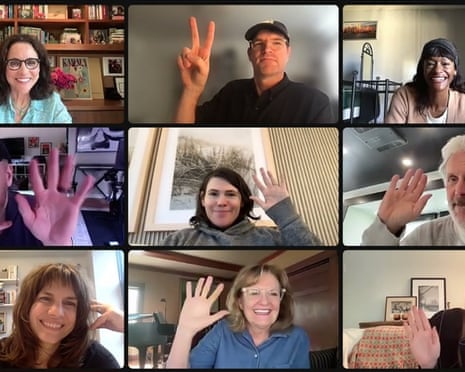 Nine people on Zoom wave to the camera.