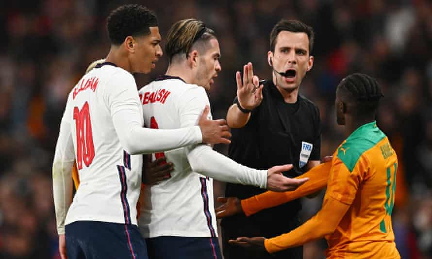 England’s Jack Grealish (second left) says he asked the referee not to send Serge Aurier (not pictured) off before half-time at Wembley.
