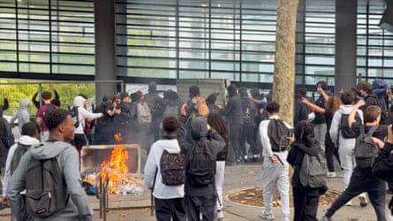 Sudents protest outside Diderot vocational high school in Paris.