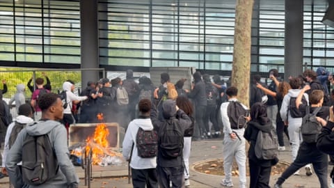 Sudents protest outside Diderot vocational high school in Paris.
