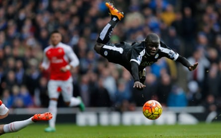 N’Golo Kanté flies over an Arsenal tackle in February 2016