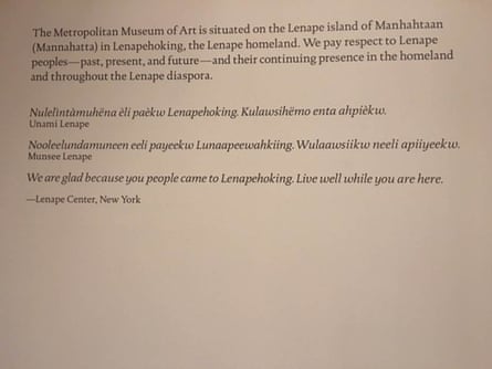 A land acknowledgment at a Native American exhibit at the Met