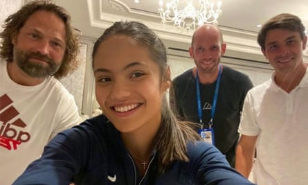 Emma Raducanu with her team at the US Open 2021 (left to right) physio Will Herbert, coach Andrew Richardson and agent Christopher Helliar.